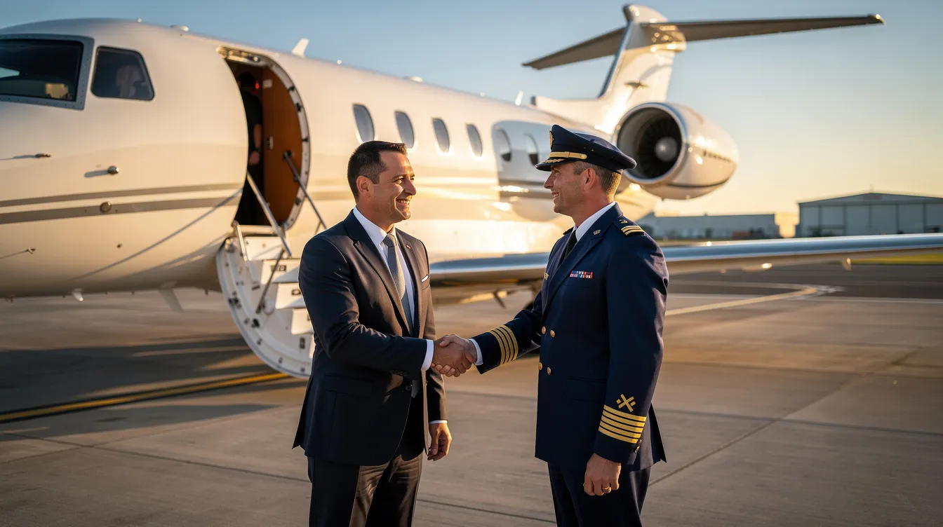 A business professional is shaking hands with a pilot next to a large private jet on an airport ramp, symbolizing a successful deal in the private aviation market. The ultra long range jet stands ready for luxury travel, showcasing its spacious cabin and advanced features for potential customers.