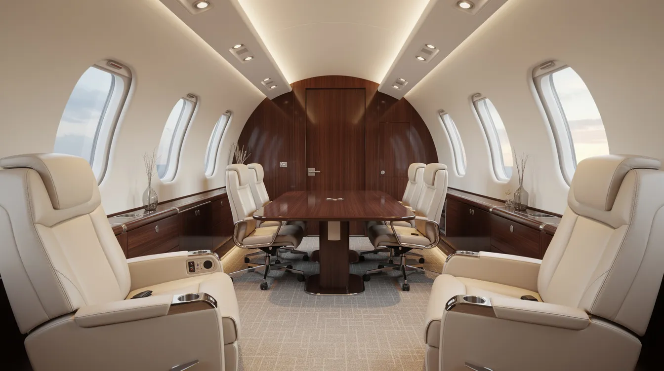 The image showcases the luxurious interior of a large-cabin business jet, featuring plush leather seating, a sleek conference table, and elegant wood-paneled walls, designed for comfort and style in private aviation. This spacious cabin is ideal for long-distance travel, catering to the needs of discerning passengers who expect the best in business jets.