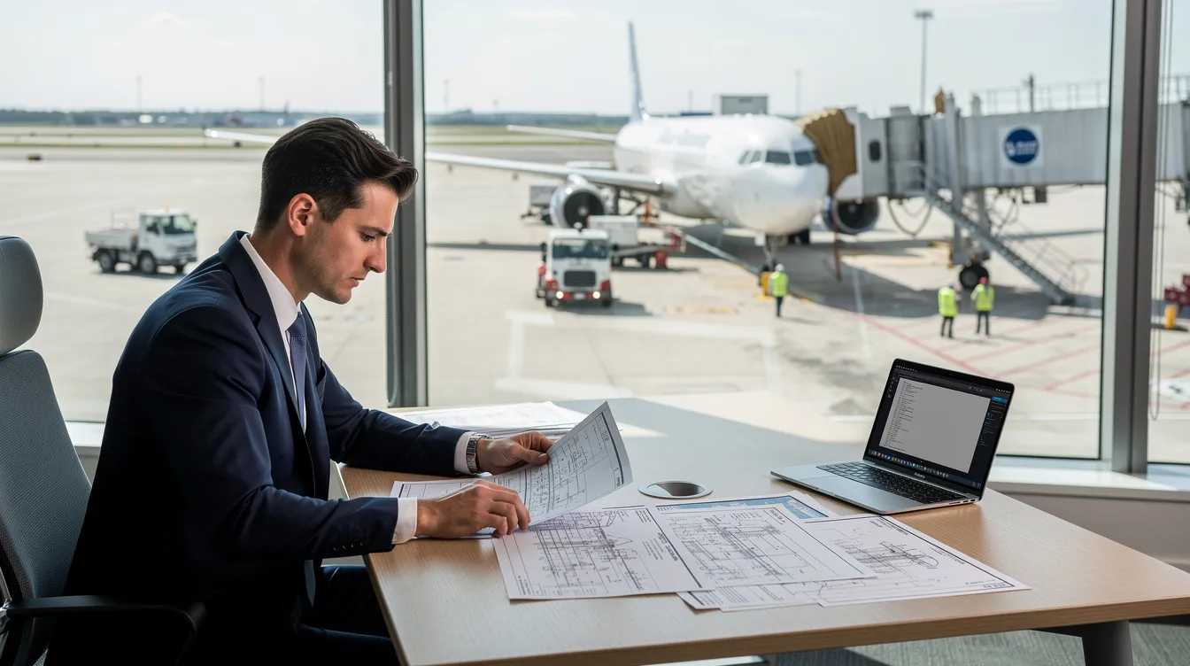 A businessperson is seated at a desk, intently reviewing aviation documents while looking out at an airport ramp filled with aircraft. The scene highlights the importance of aircraft sales in Australia, with a focus on trusted sellers and featured listings for buyers interested in planes and helicopters.