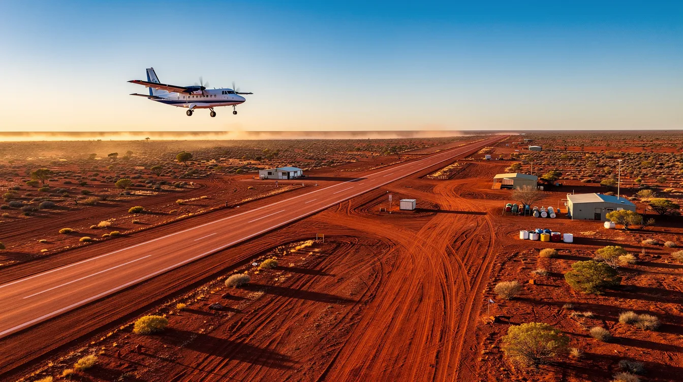 An aerial view captures the vast Australian outback, featuring a dusty red runway where a small turboprop aircraft is approaching for landing. This scene highlights the unique landscape of Australia, ideal for those interested in plane sales and aircraft listings in the region.