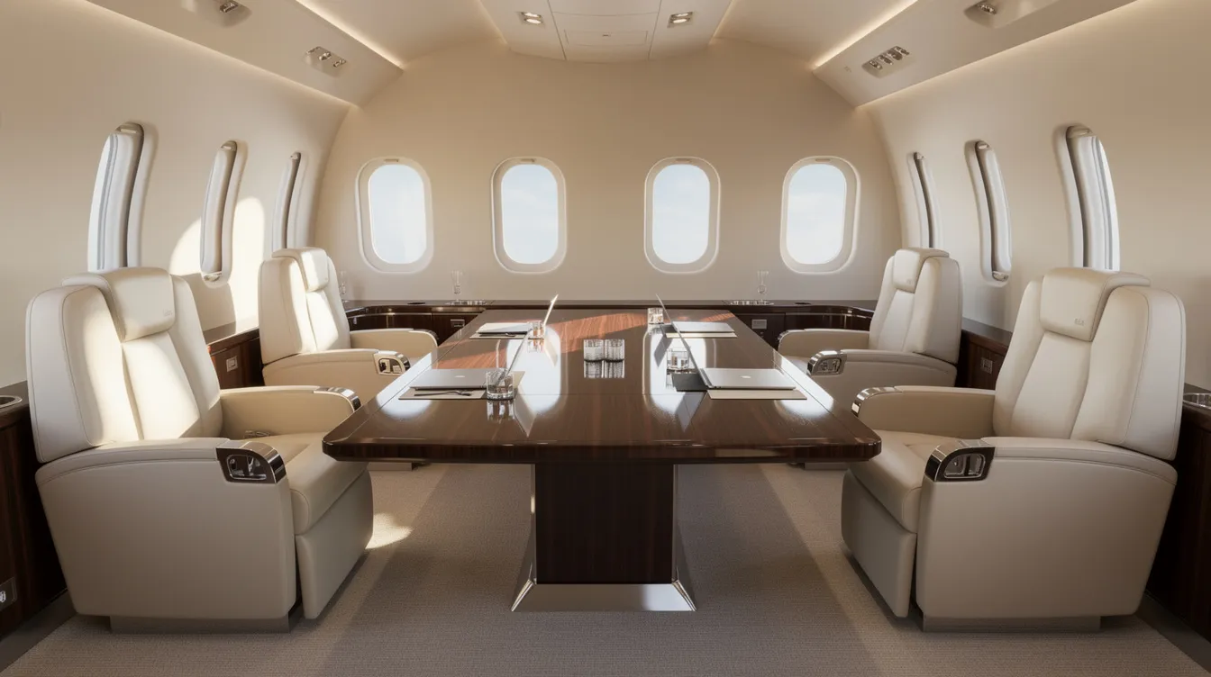 The interior of a luxurious private jet features plush leather seats arranged around a polished wood conference table, ideal for corporate meetings. This spacious cabin design emphasizes comfort and productivity for passengers, making it a top choice among business jets.