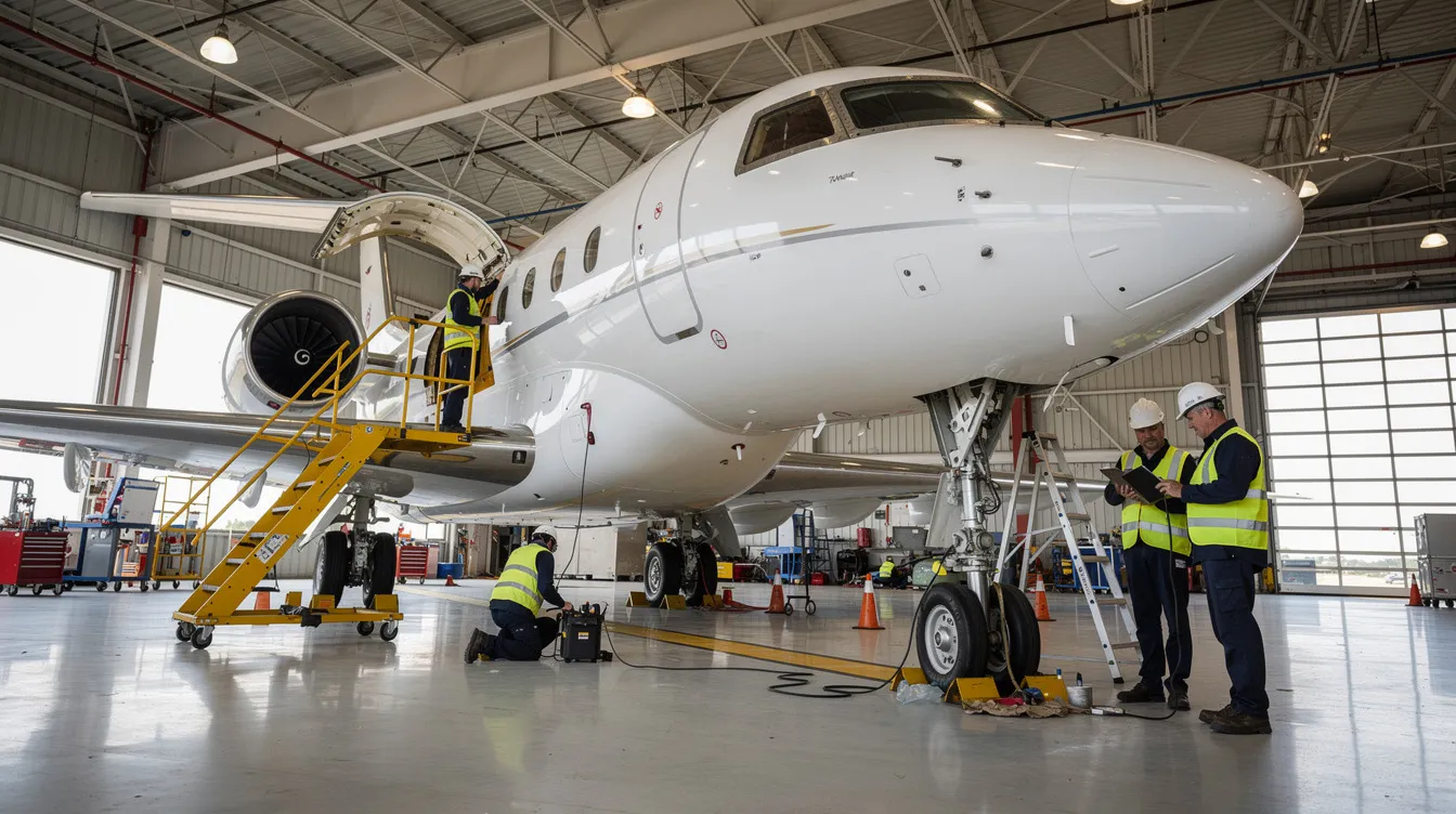 The image shows a private jet being inspected inside a spacious aircraft maintenance hangar, where technicians are diligently working on the aircraft. This setting highlights the importance of maintenance for business jets, ensuring they are ready for corporate owners and passengers alike.