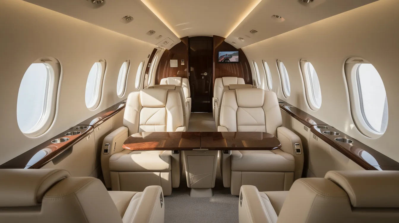 The image showcases the luxurious interior cabin of a large private jet, featuring plush cream leather seats, elegant polished wood veneer, and ample natural light streaming through oval windows, creating an inviting and sophisticated atmosphere for passengers. This high-end setting exemplifies the comfort and style associated with business jets, ideal for corporate owners and serious buyers seeking a premium flying experience.