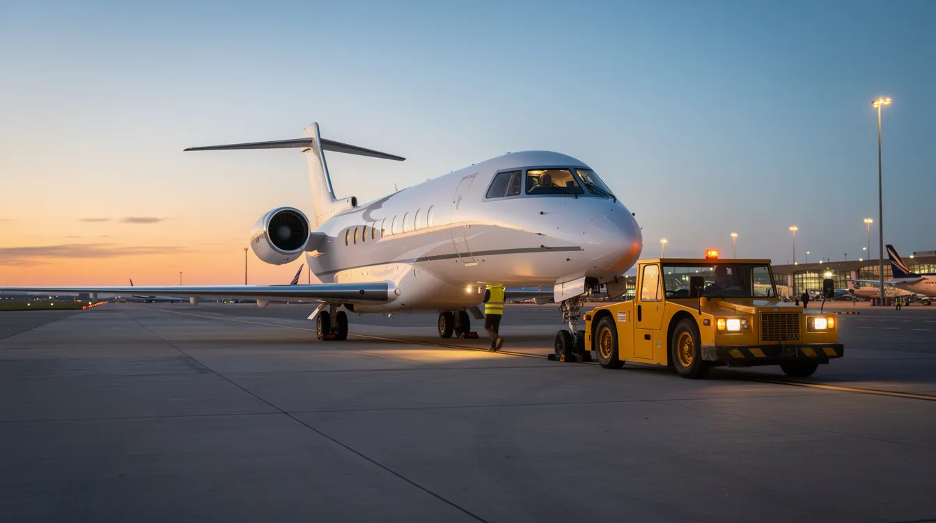 A private jet is being towed by a tug vehicle across a spacious airport ramp during dusk, highlighting the sleek design of the business jet against the fading light. This scene captures the essence of aircraft operations and the meticulous care involved in managing corporate ownership of jets.
