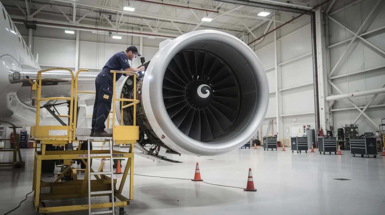 A technician in coveralls is inspecting the jet engine nacelle inside a well-lit maintenance hangar, ensuring the aircraft's performance and safety. This meticulous pre-buy inspection is crucial for maintaining high standards in private jet operations and ensuring efficient business travel.