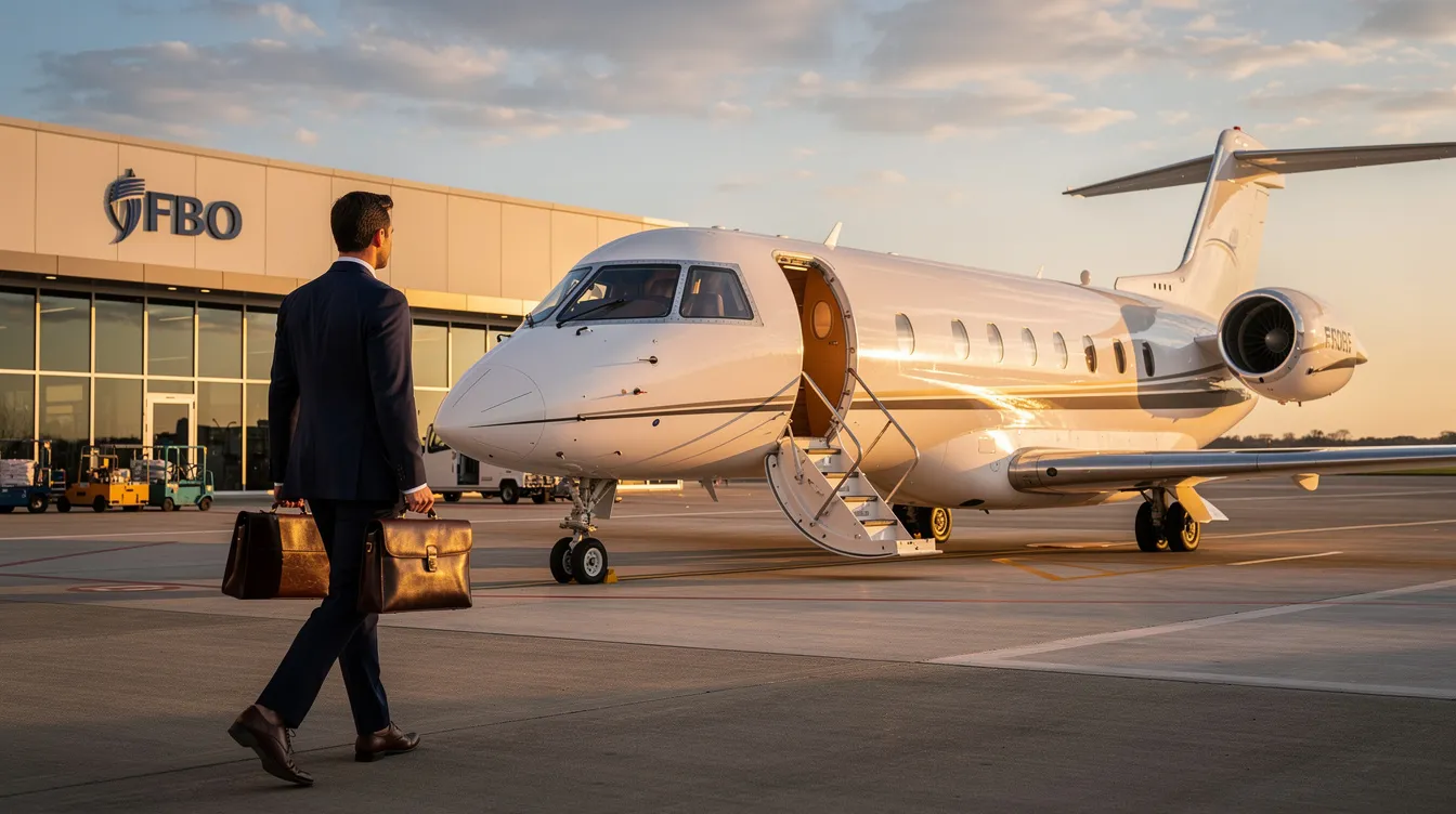 A corporate jet is parked at a Fixed Base Operator (FBO) while an executive approaches it, ready for a private jet travel experience. This scene highlights the luxury and efficiency of private aviation, showcasing the convenience of business jets for executives on the go.