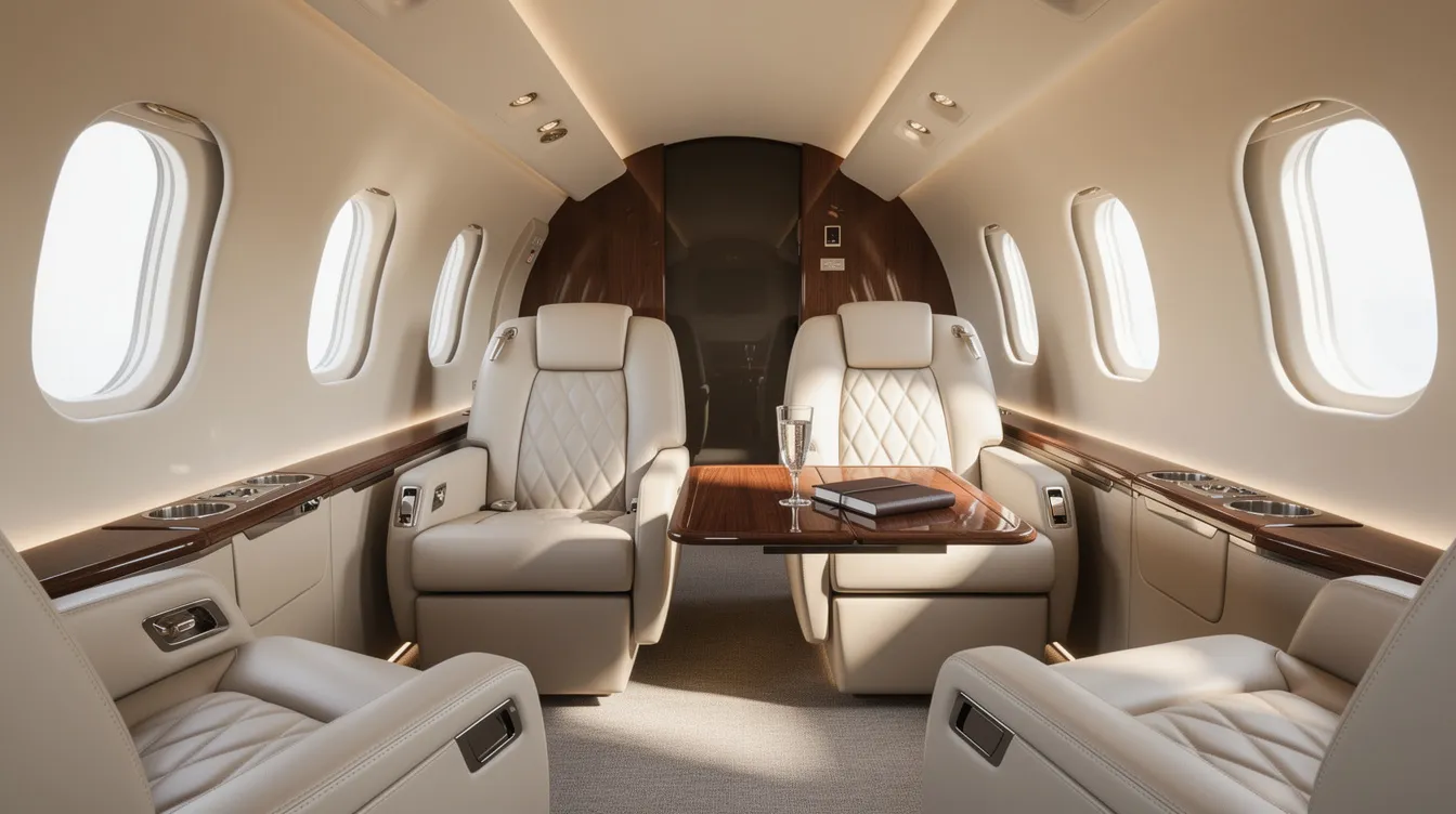 The image showcases the interior of a spacious private jet cabin, featuring luxurious leather seats and abundant natural lighting that enhances the elegant atmosphere. This setting is ideal for private jet owners seeking comfort during their travels, embodying the essence of private aviation.