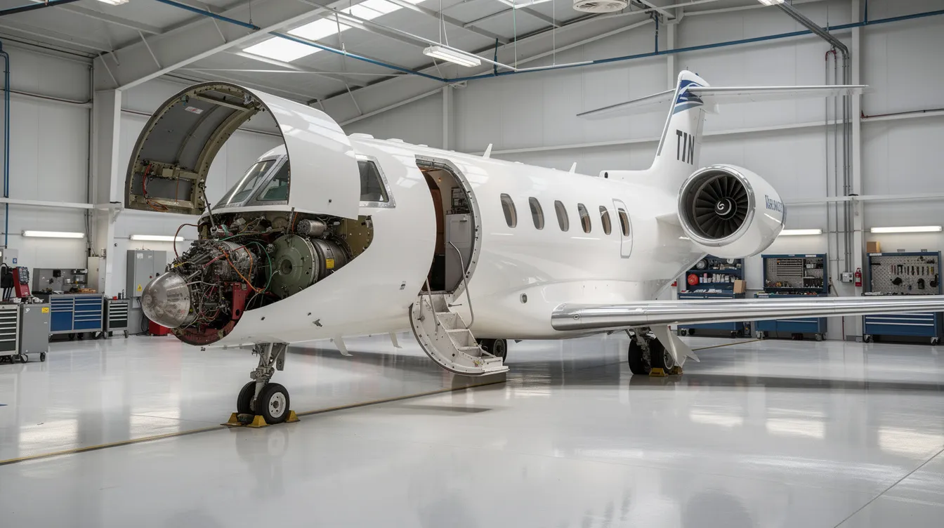 The image depicts a private jet inside a well-lit maintenance hangar, with its engine cowlings open, showcasing the aircraft's engines and interior features. This setting highlights the importance of maintenance in private aviation, particularly for private jet owners who seek to ensure their light jets operate efficiently.