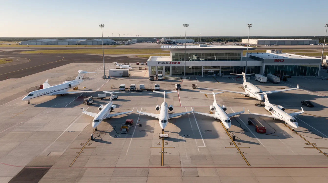 An aerial view showcases a private aviation terminal bustling with several business jets, including very light jets and larger models, parked on the ramp. This scene highlights the luxury and efficiency of private aviation, offering private jet owners access to smaller airports and a range of destinations worldwide.
