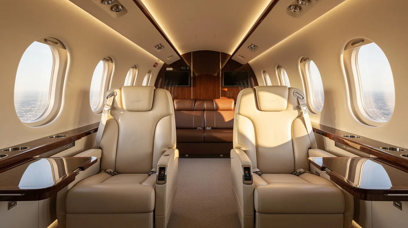 The image depicts the interior of a spacious business jet, featuring plush leather seating and abundant natural light streaming in through oval windows. This luxurious private jet offers a comfortable environment for travelers, highlighting the key advantages of private aviation over scheduled airlines.