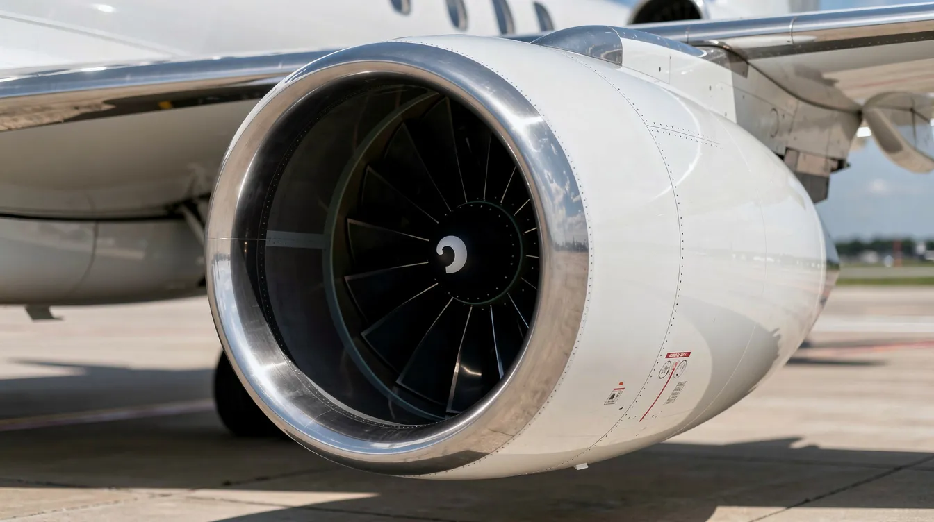 A close-up view of a turbofan jet engine mounted on a large-cabin business aircraft, showcasing the intricate details and engineering of this luxury private jet. The image highlights the powerful engine that ensures high performance and comfort for passengers traveling in style.