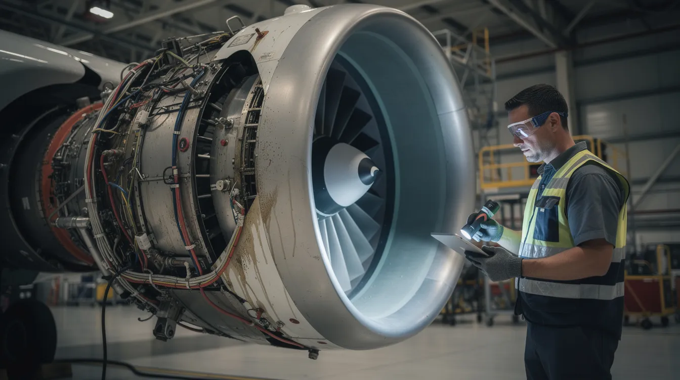 A technician inspects a close-up view of an aircraft turbine engine inside a maintenance hangar, highlighting the intricate details of the engine components. This scene emphasizes the importance of thorough pre-buy inspections for private jets, ensuring reliability and safety in private aviation.
