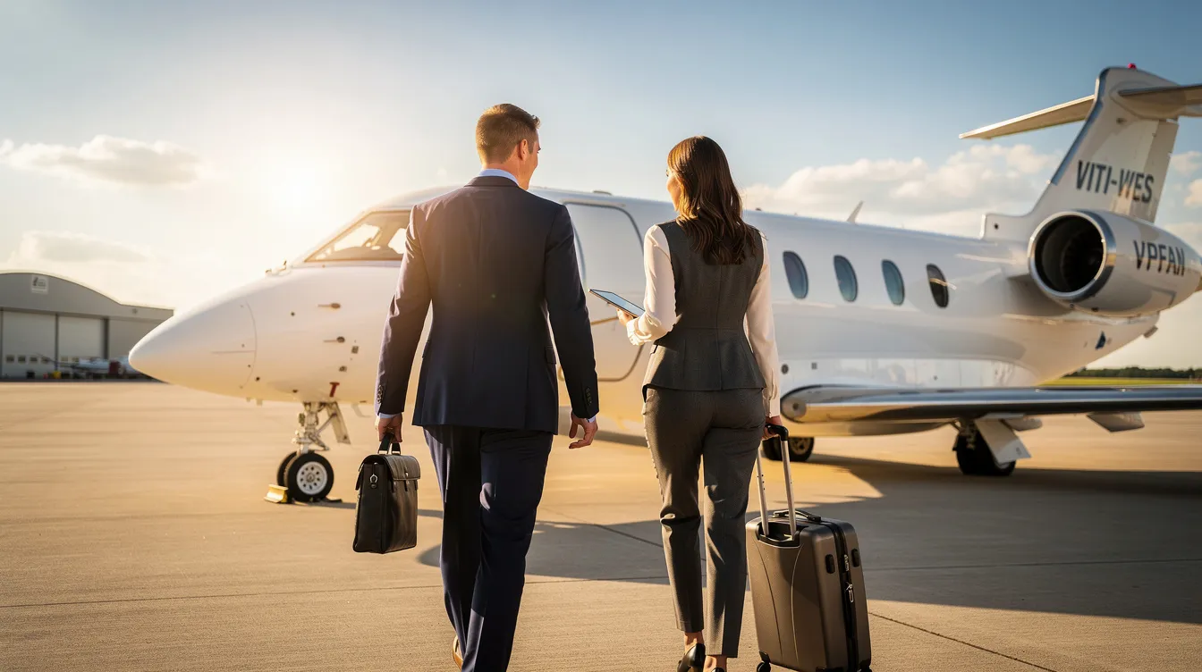 Two business professionals are walking toward a small private jet on a sunlit tarmac, showcasing the allure of private aviation. This scene highlights the convenience and luxury of owning very light jets, ideal for short business trips and accessing smaller airports.