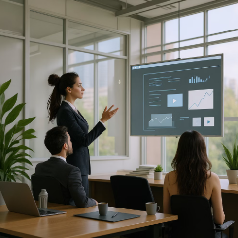 Salle de réunion avec trois personnes décoration