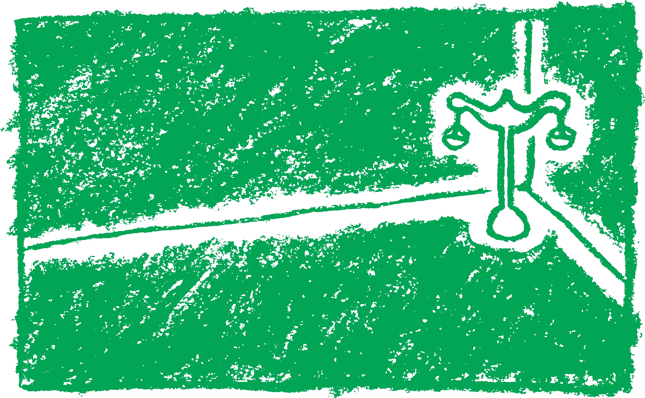 A green charcoal illustration of a set of legal scales sitting in the corner of a room.