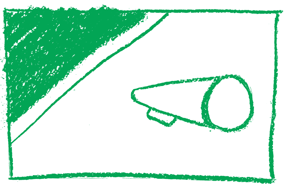 A green charcoal illustration of a megaphone resting on a table. Illustration by Ethan Cassidy.