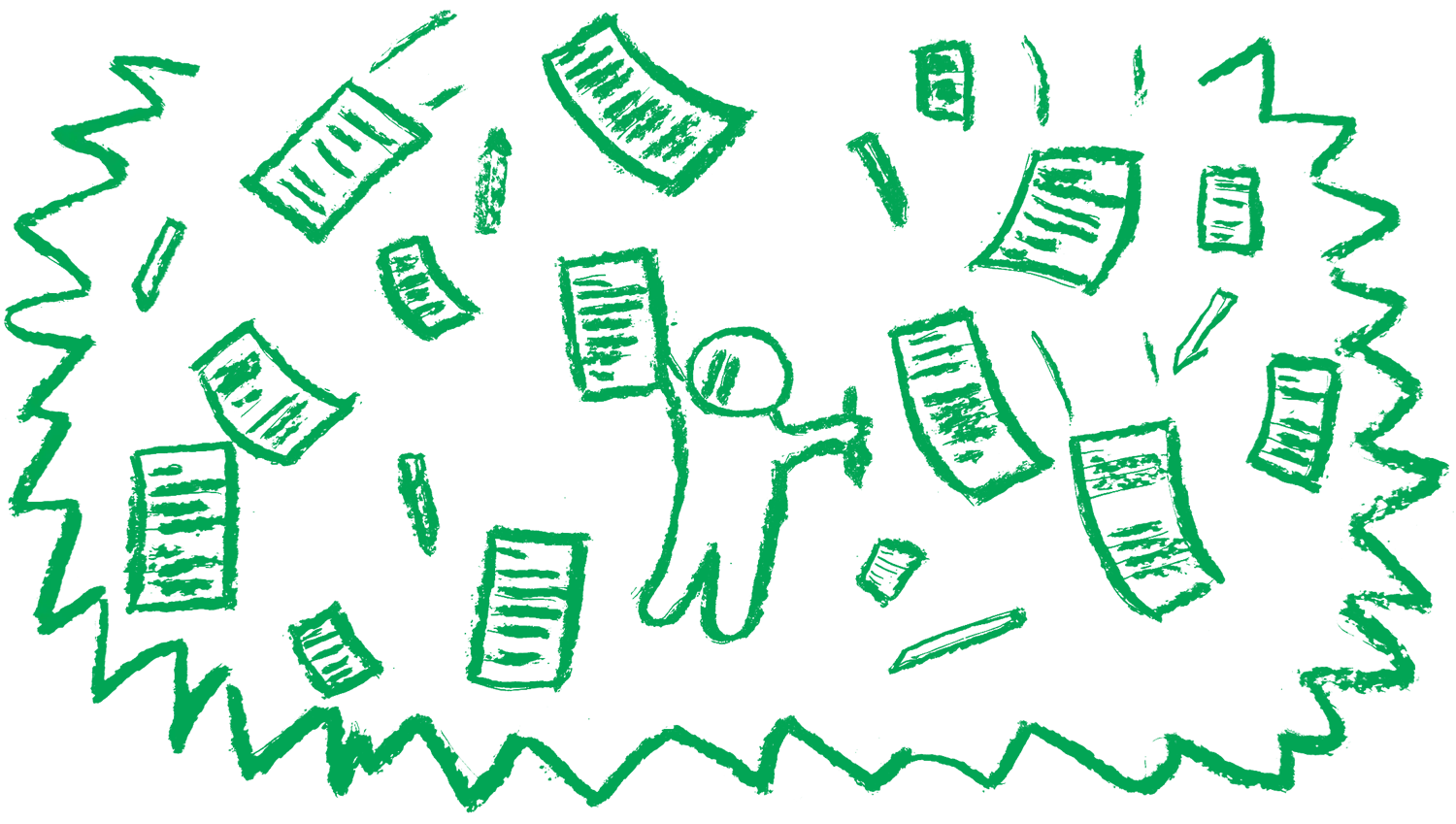 A green charcoal illustration of someone celebrating with pages of written paper flying through the air around them. Illustration by Ethan Cassidy.