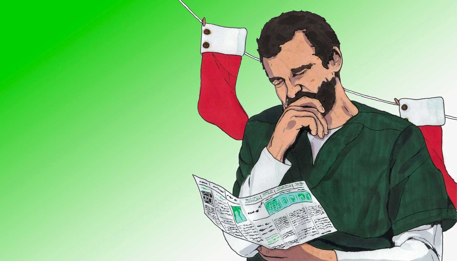 An illustration of an incarcerated man reading a copy of About Time, with Christmas stockings behind him. Illustration by Ike Curtis.