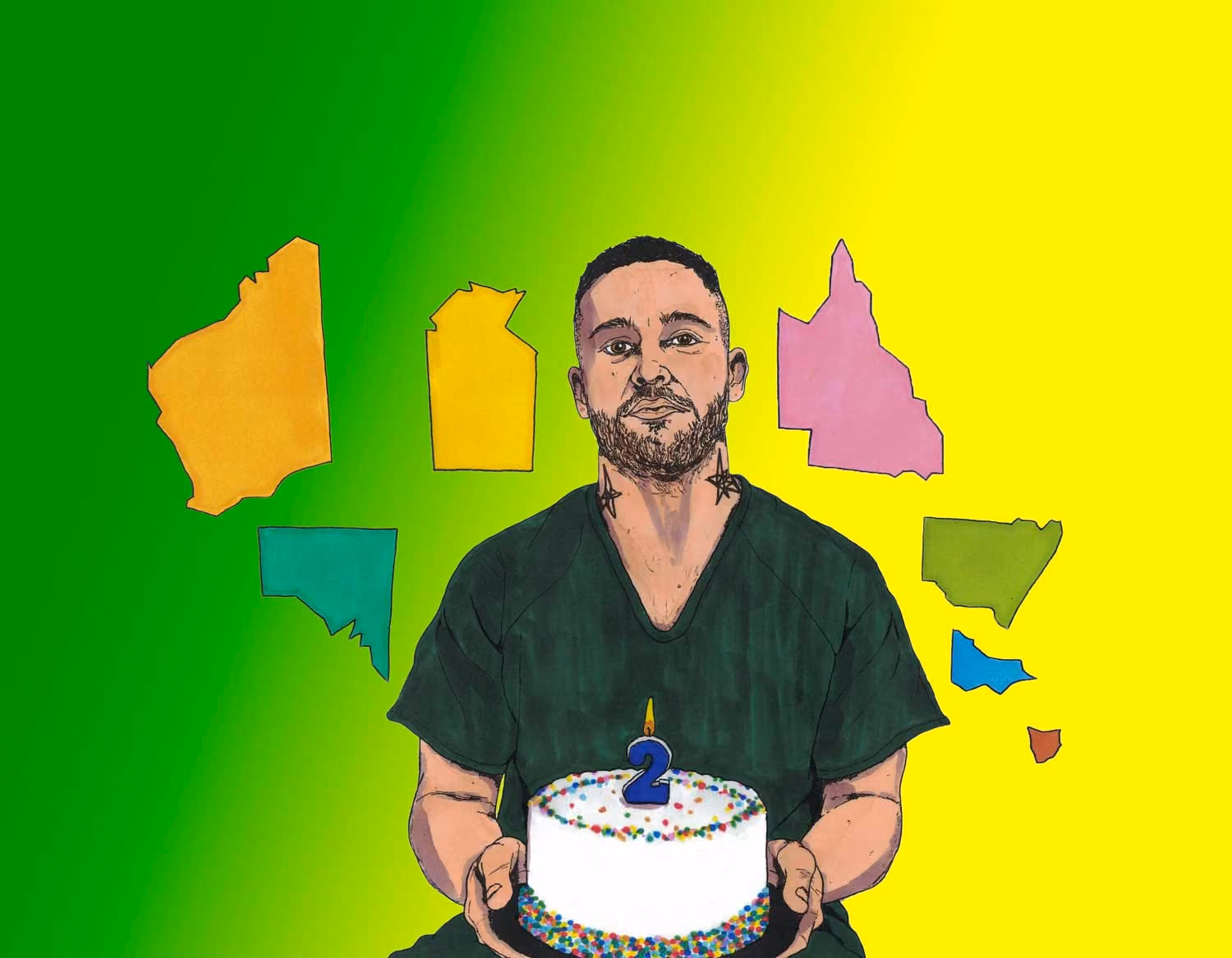 An illustration of an incarcerated man holding a birthday cake with a candle shaped in the number two. The states of Australia are floating behind him. Illustration by Ike Curtis.