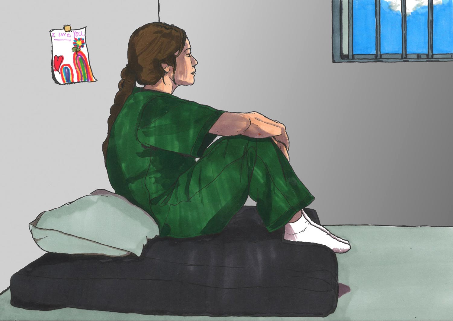 The image is an illustration of an incarcerated woman sitting on her bed in her cell, staring out the window. The woman looks deep in thought.