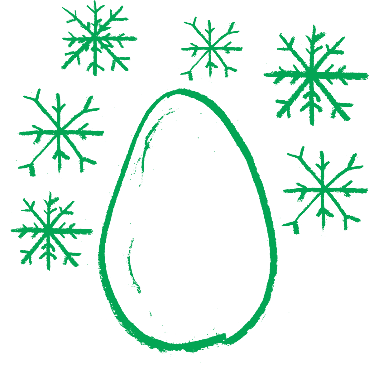A green charcoal illustration of an egg surrounded by falling snowflakes.