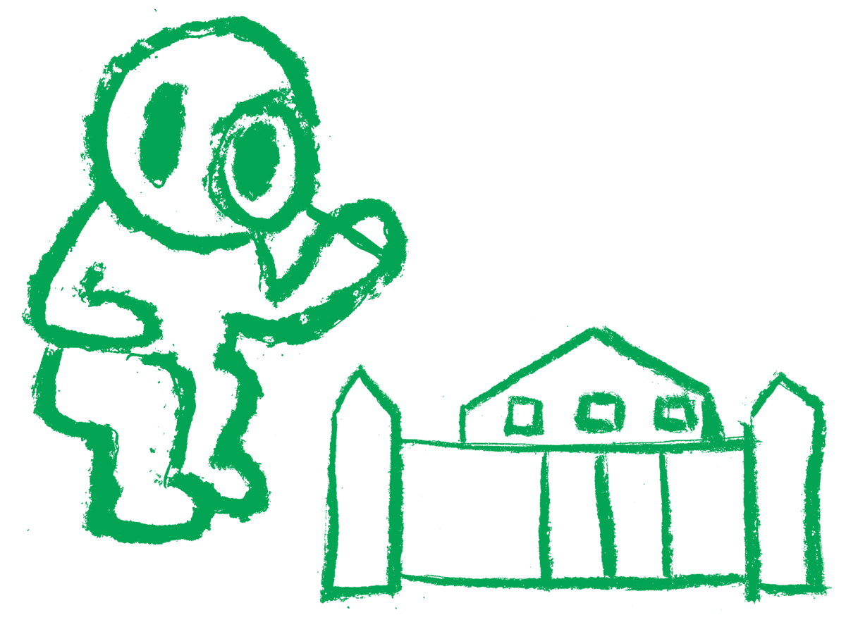 A green charcoal illustration of a character bending over and looking at a prison through a magnifying glass.