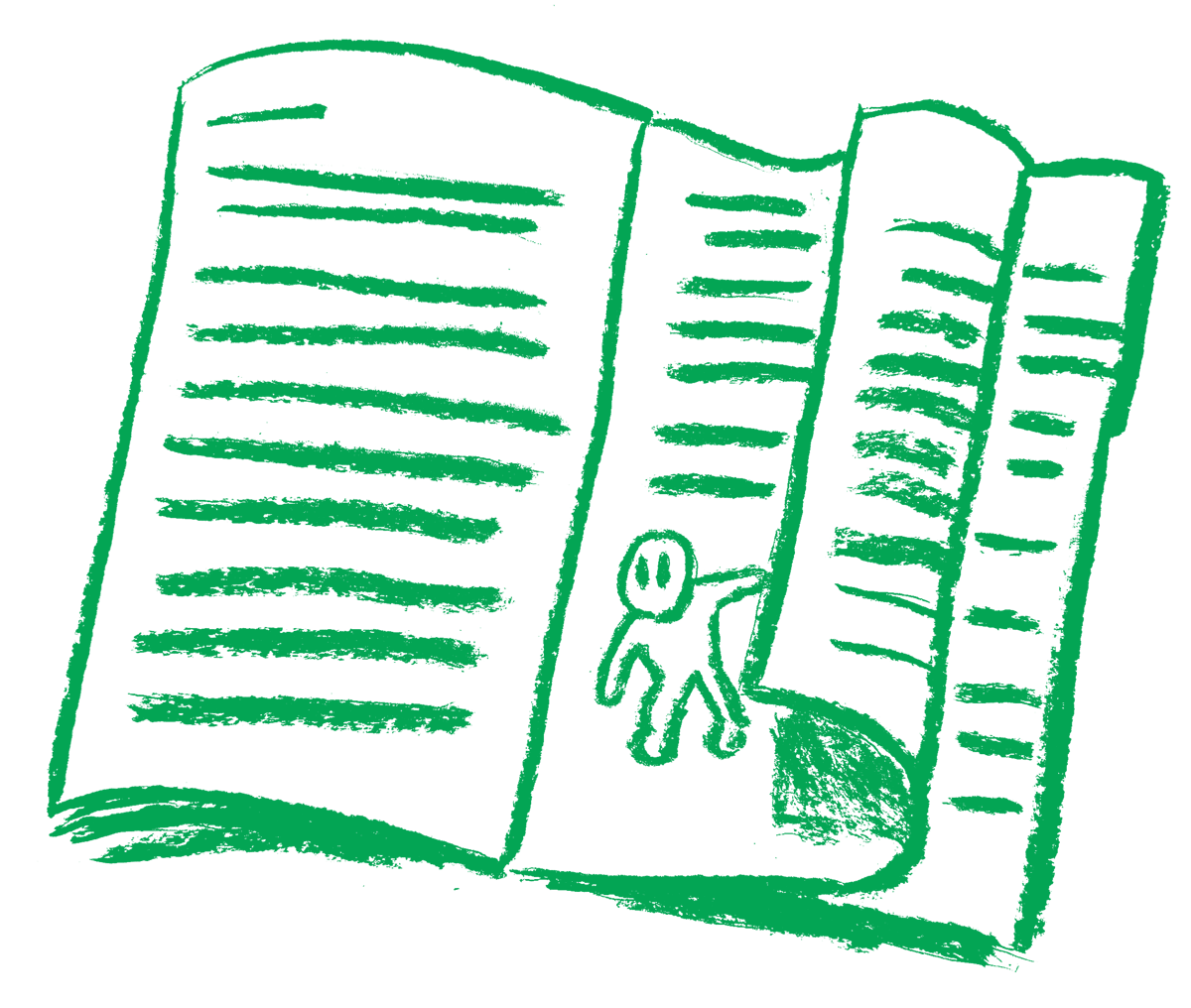 A green charcoal illustration of a small character turning the page of a book, as if going to the next chapter.