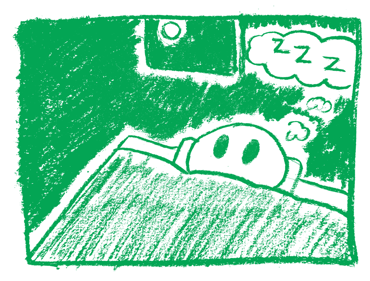 A green charcoal image of a person lying in bed awake, thinking of sleep. The room around the character is dark, and you can see the moon outside the window.
