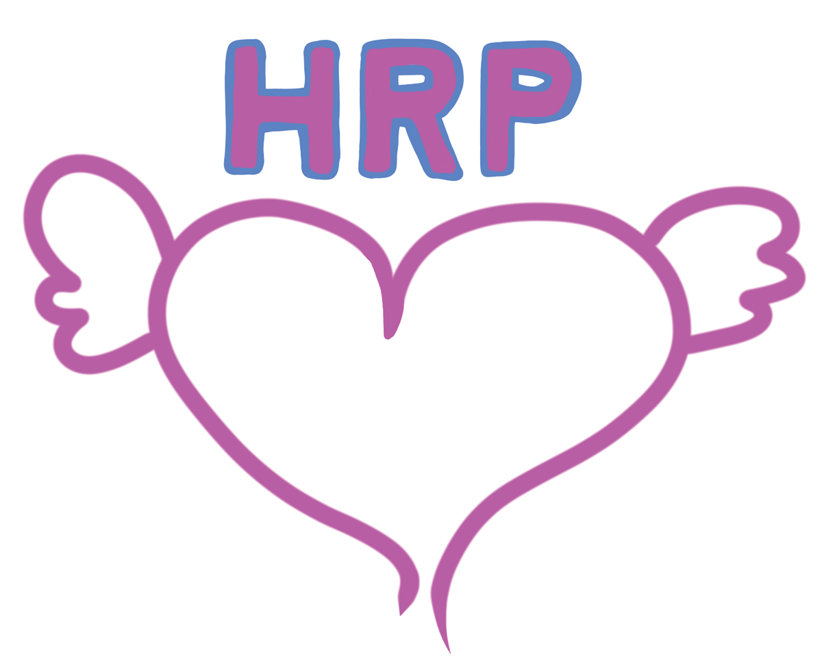 A pink logo of a heart with wings. Above the heart it has the letters 'HRP'.
