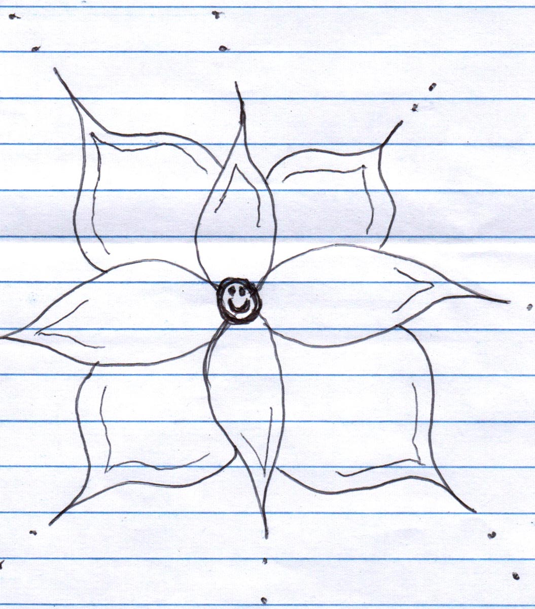 A pen illustration of a smiling flower.