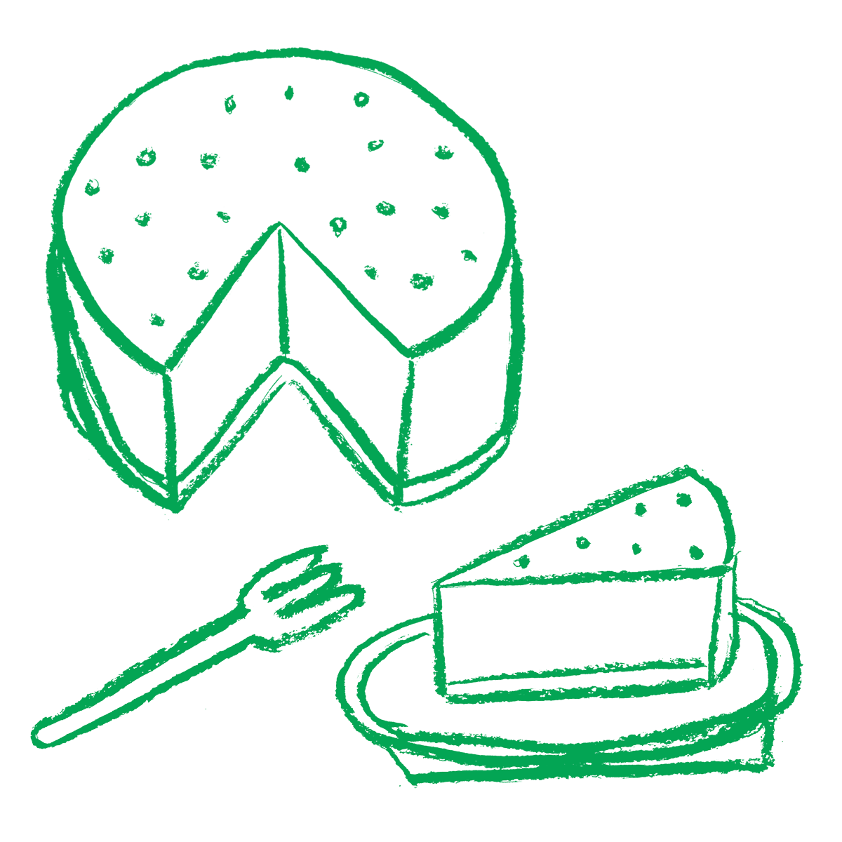A green charcoal illustration of a cheesecake, with a slice cut out and a fork nearby.