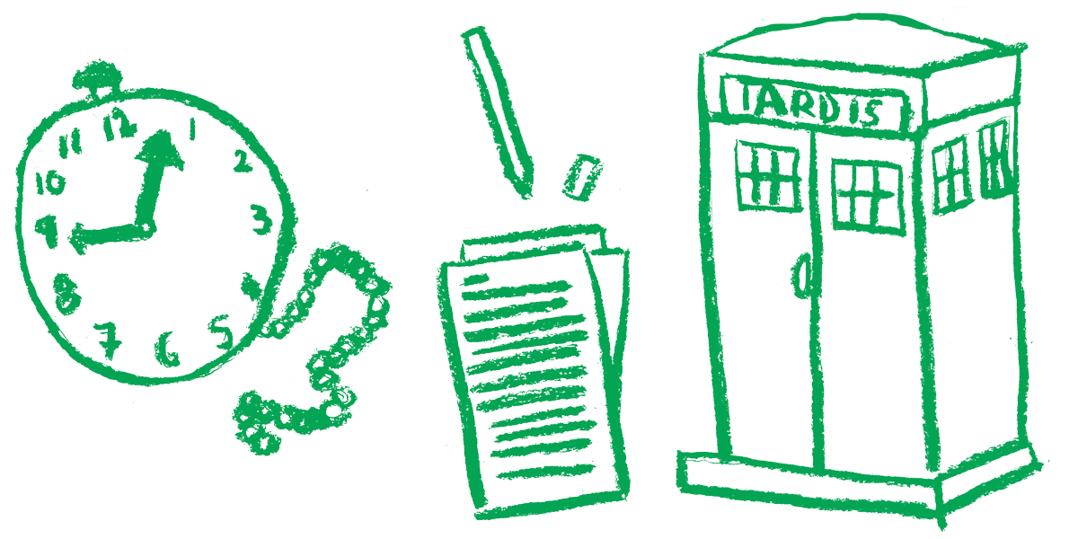 A green charcoal illustration of a tardis, stopwatch, pages of written paper and a pencil.