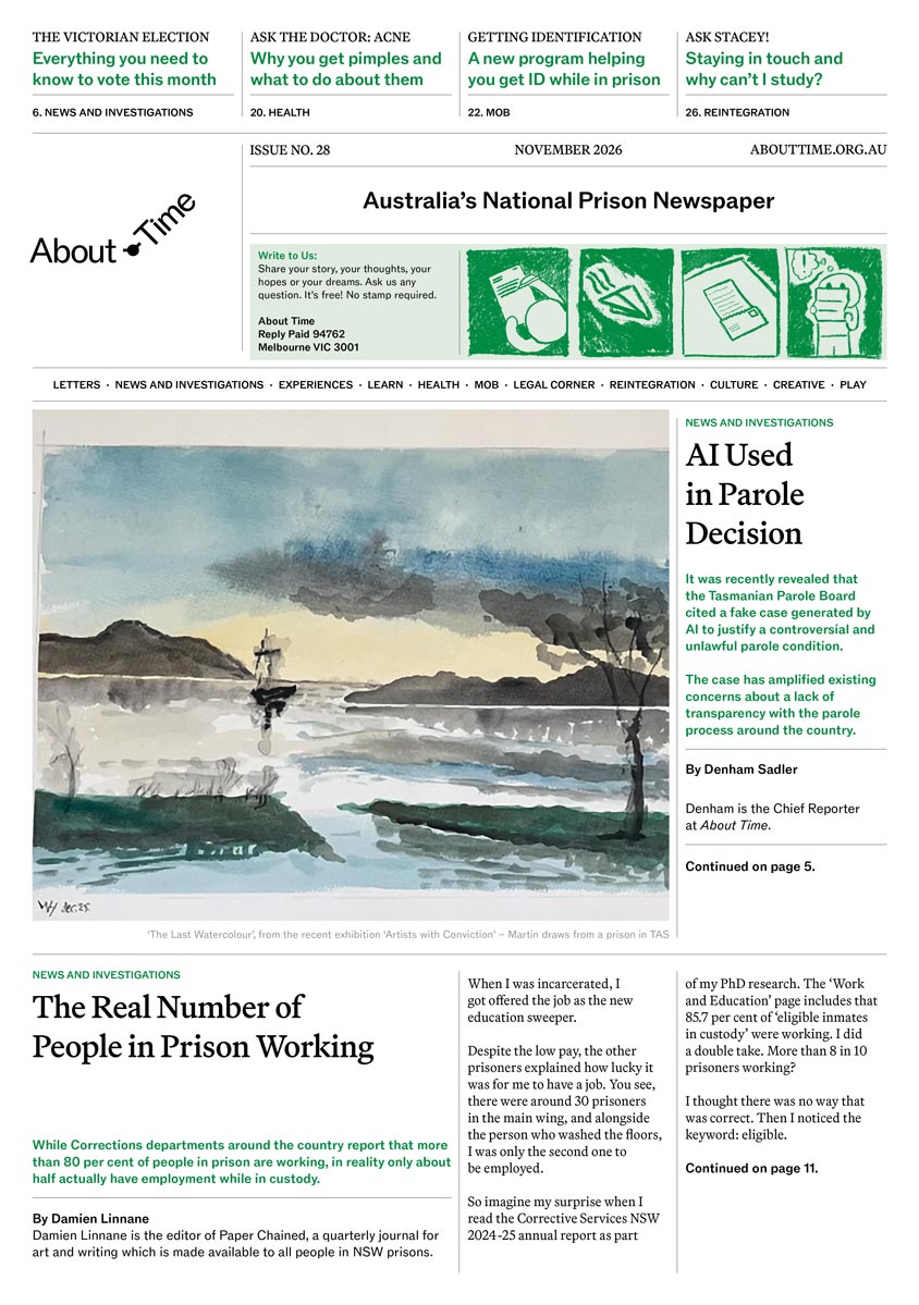 The cover of Issue No. 28 of About Time, Australia's national prison newspaper.