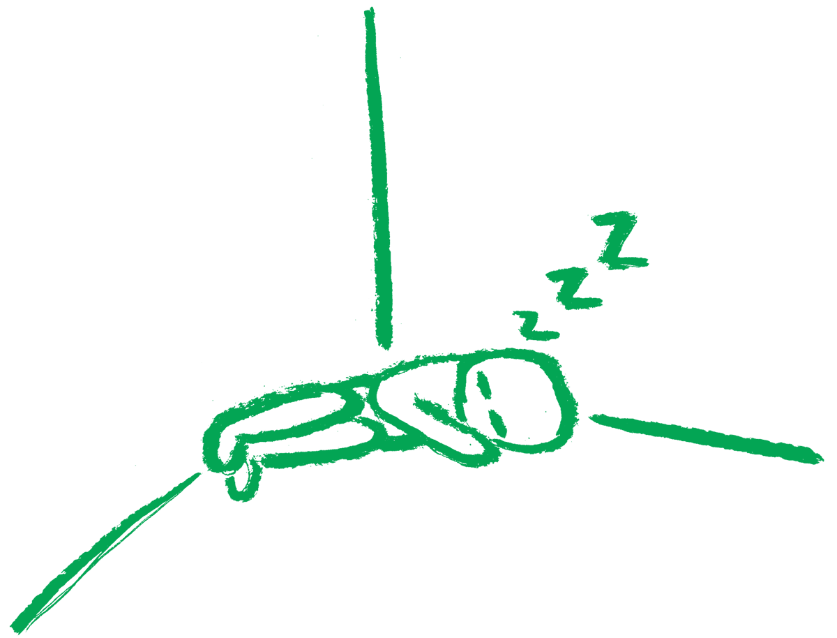 A green charcoal illustration of someone sleeping on the floor, in the corner of the room.