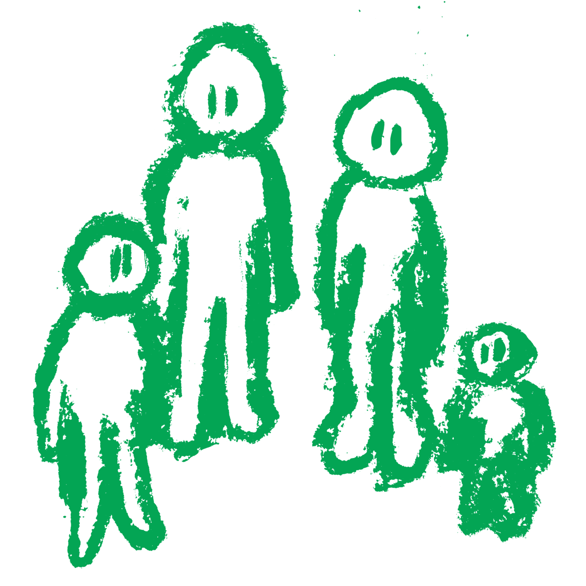 A green charcoal illustration of a family standing next to each other.