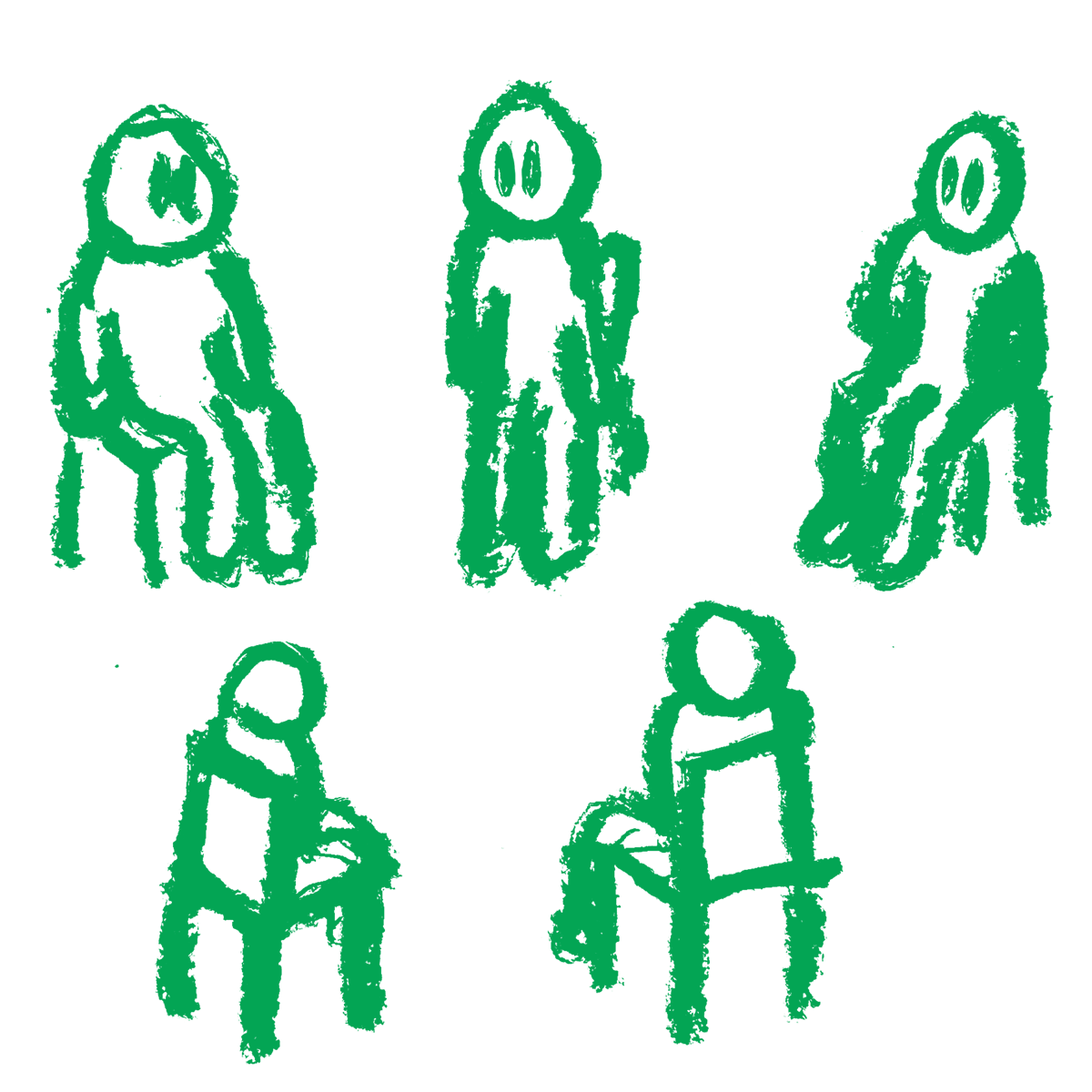 A green charcoal illustration of people sitting around on chairs, like a support group.