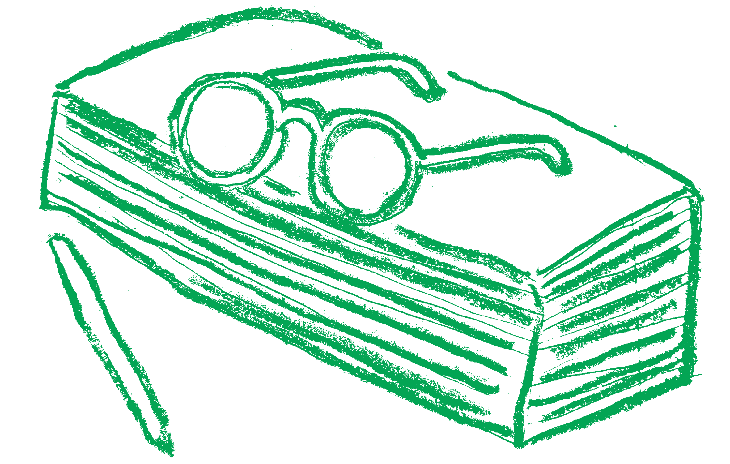 A green charcoal illustration of a book, glasses and pen.