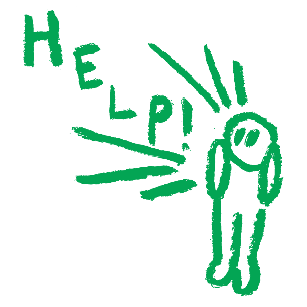A green charcoal illustration of someone yelling for help.