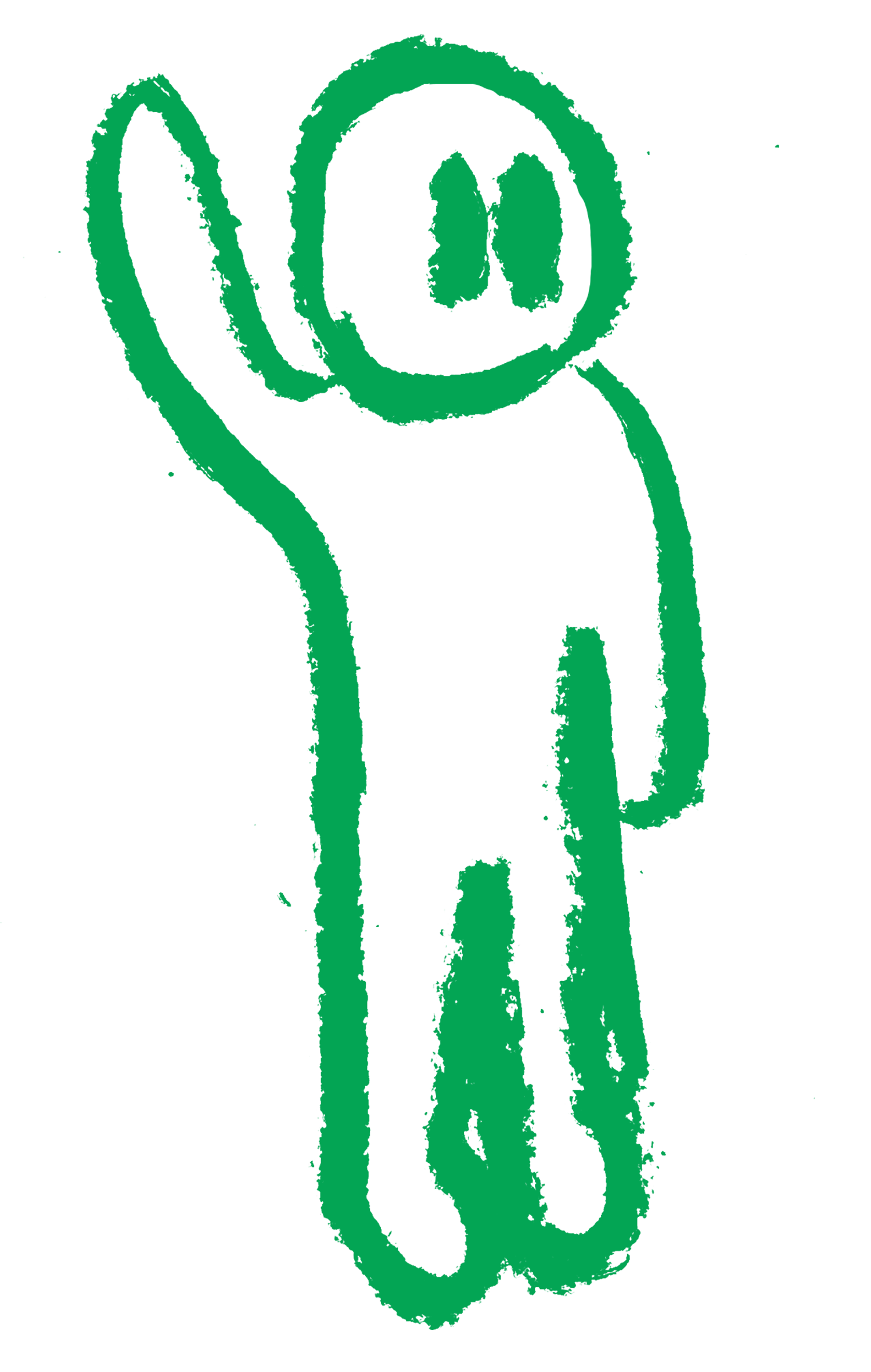 A green charcoal illustration of a person waving.