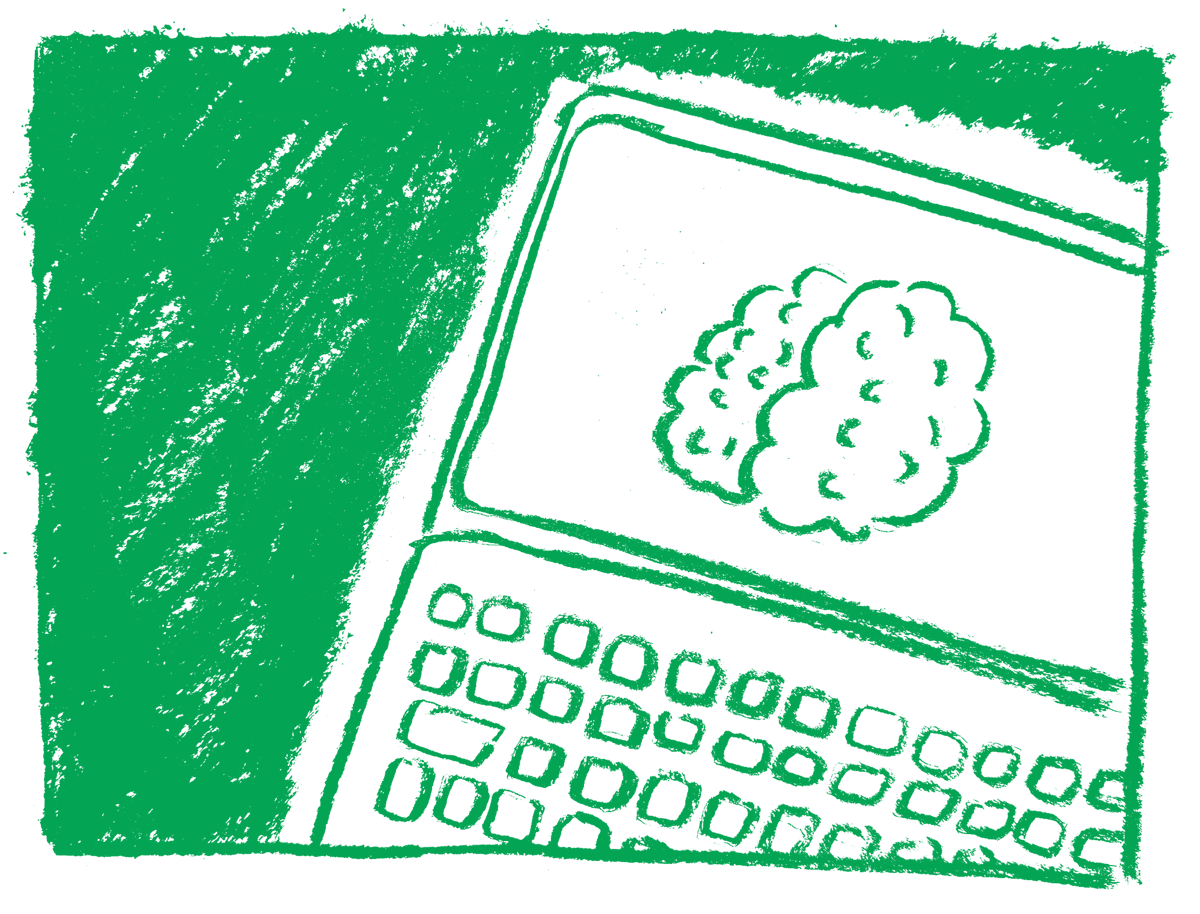 A green charcoal illustration of a laptop with a brain positioned in the middle of the screen.