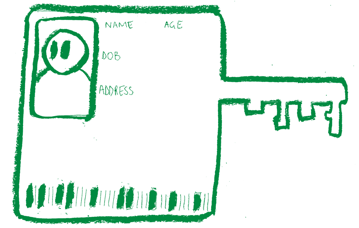 A green charcoal illustration of an ID card, with a key coming out one side, as if it could unlock doors.