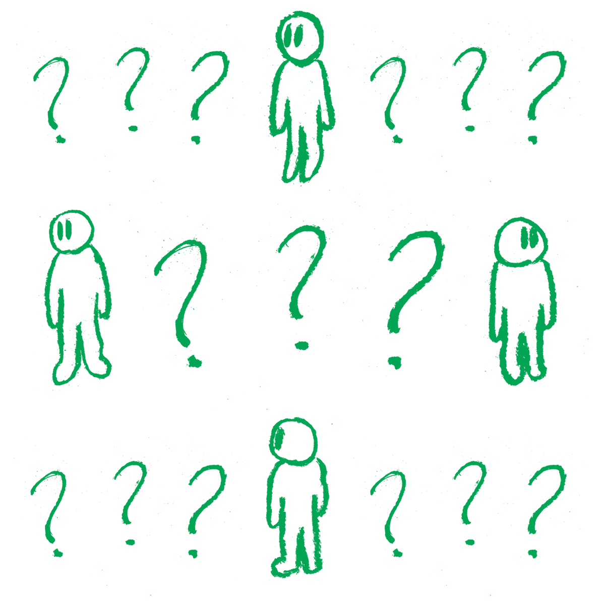 A green charcoal illustration of four people standing amidst lots of question marks. The people are looking in different directions.