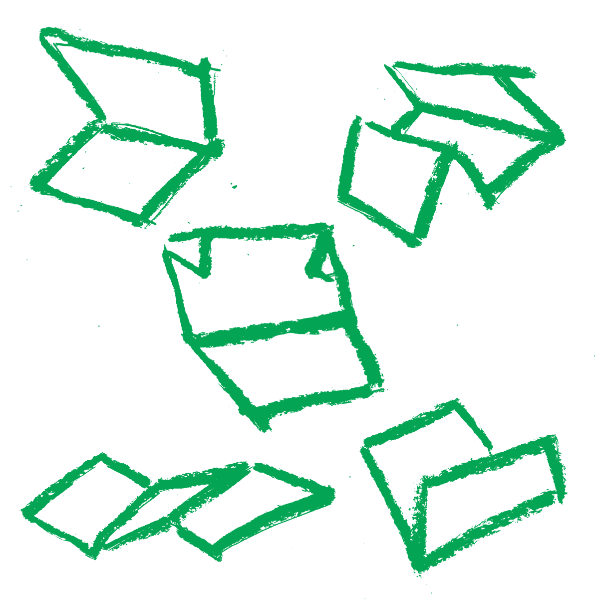 A green charcoal illustration of different folded pieces of paper.