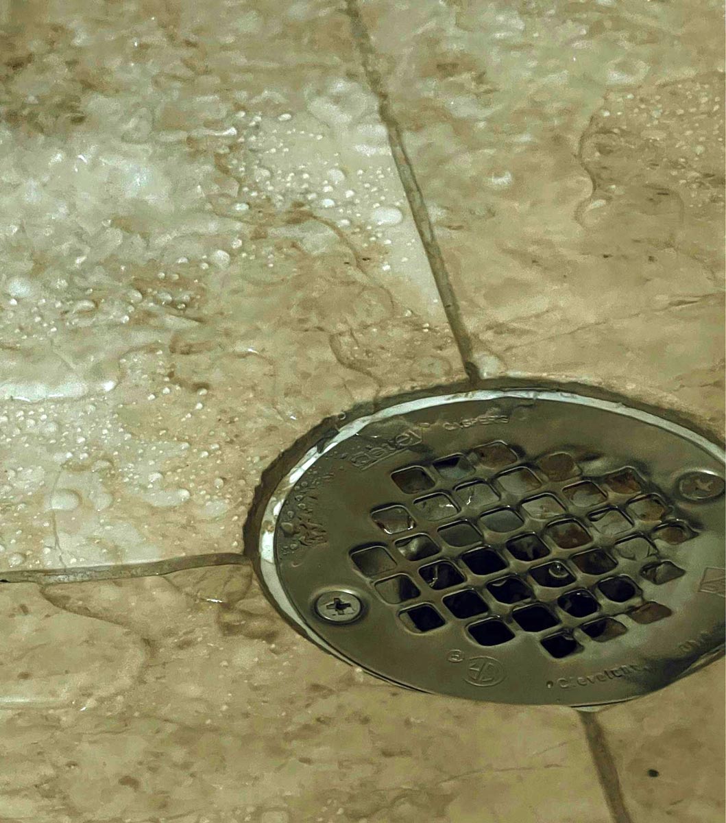 A close up image of a shower drain.