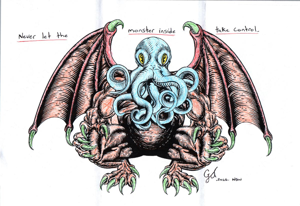 An image of a monster. It has dragon wings and octopus tendrils for a mouth.