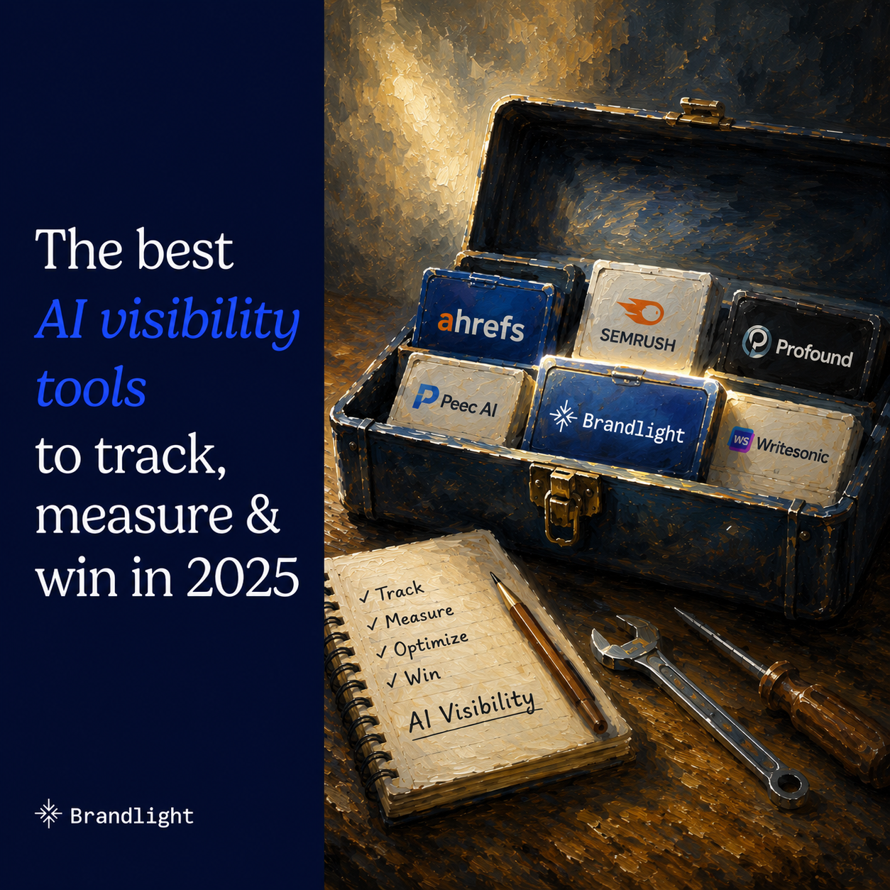 Illustration of AI visibility tools compared in this guide, shown as branded tiles inside a toolbox.