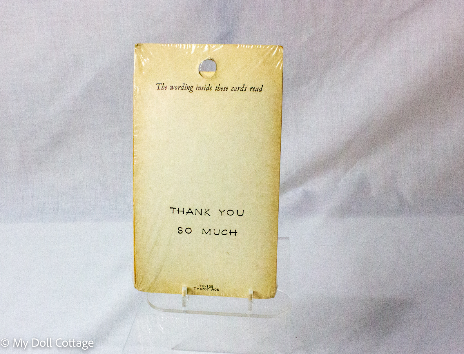 2. Rear view of vintage thank you card packet showing printed internal greeting text and product code markings.