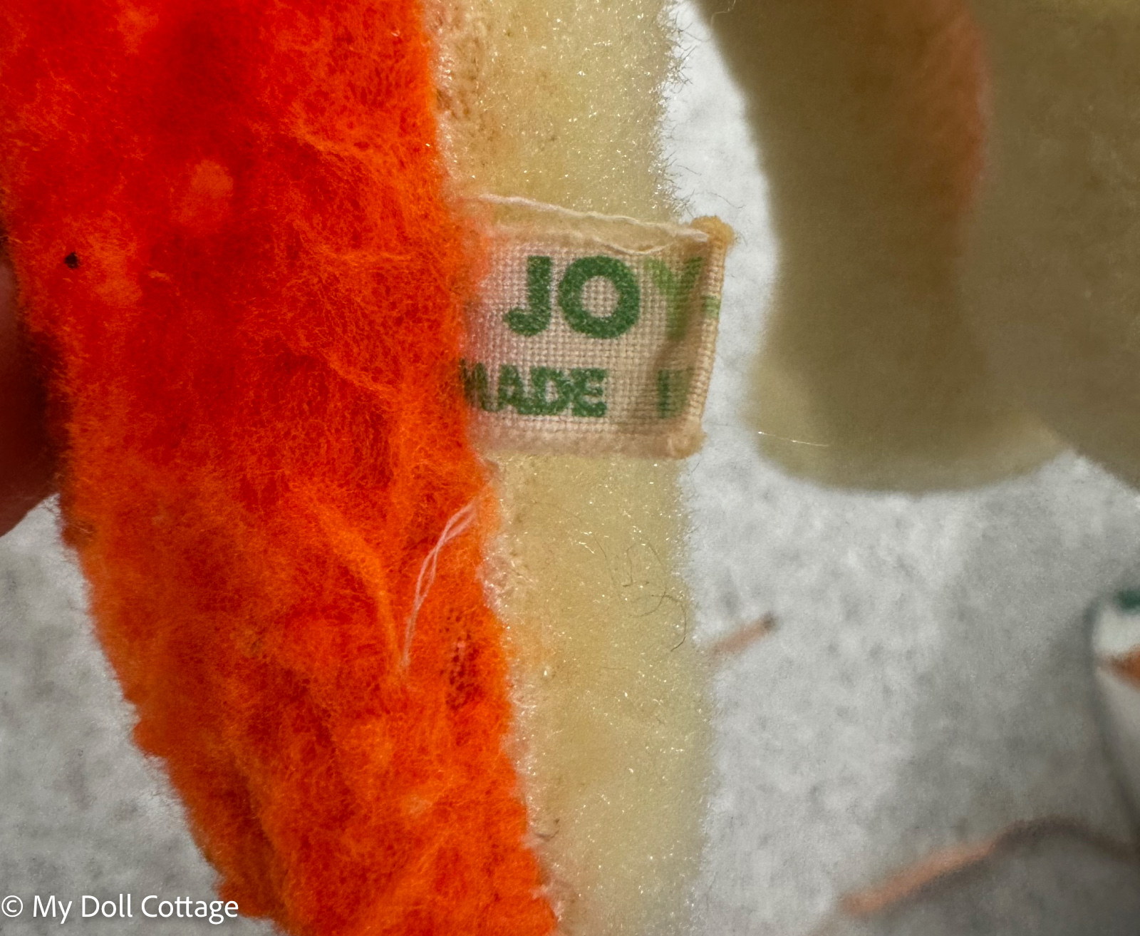 Close-up of Joy Toys fabric tag showing “Made in Australia”