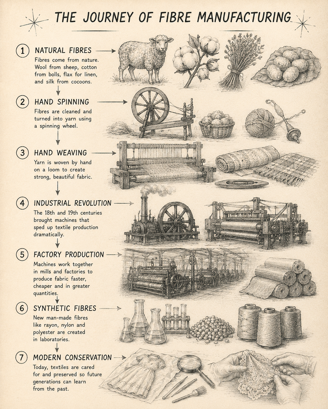 An illustrated timeline showing the evolution of textiles through history, beginning with natural fibres such as flax, wool, cotton and silk, progressing through spinning, weaving, dyeing and industrial textile production, and ending with modern synthetic fabrics used in clothing, dolls and soft toys. Historical tools, looms, fabric samples and finished toys demonstrate the changing materials and techniques across thousands of years.