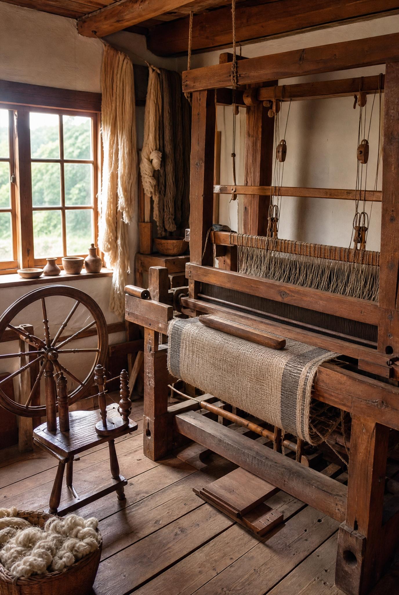 An illustrated timeline showing the evolution of textiles through history, beginning with natural fibres such as flax, wool, cotton and silk, progressing through spinning, weaving, dyeing and industrial textile production, and ending with modern synthetic fabrics used in clothing, dolls and soft toys. Historical tools, looms, fabric samples and finished toys demonstrate the changing materials and techniques across thousands of years.